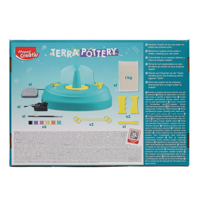 Teal kit box featuring a blue pottery wheel, hand shaping clay, sculpting tools, and various finished terracotta pots.