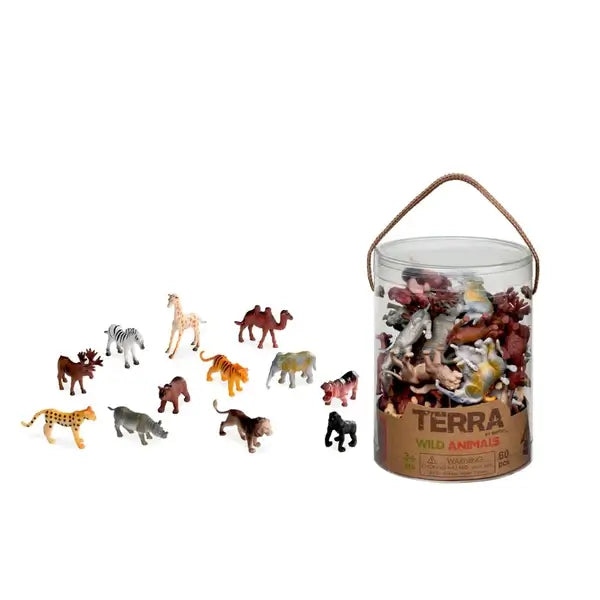 Miniature plastic wild animal figurines displayed in front of a clear storage bucket with a brown rope handle.