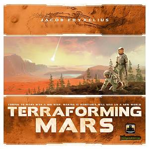 Square orange box cover showing astronauts on a red landscape with pine trees, a meteor, and large white title text.