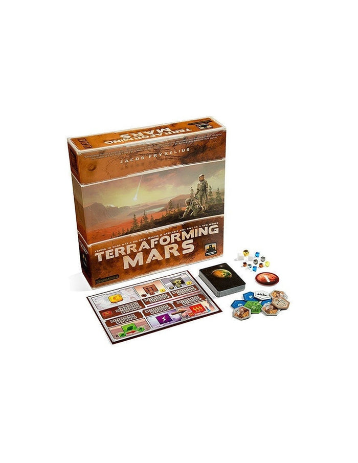 Orange board game box with Martian landscape art, featuring player boards, cards, resource cubes, and hexagonal tiles.