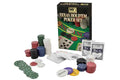 Texas Hold’em Poker Set box with stacks of colorful chips, card decks, and dealer buttons on a white background.