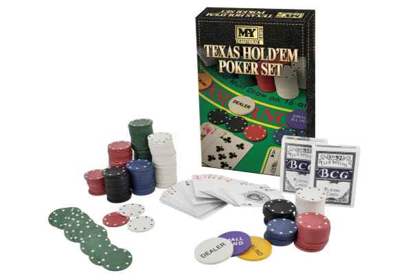 Texas Hold’em Poker Set box with stacks of colorful chips, card decks, and dealer buttons on a white background.