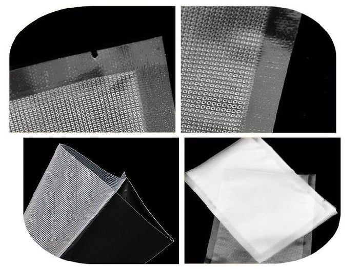 Set of dealonlinenz textured vacuum seal food storage bags in various sizes from XS to L, pre-cut for easy sealing.