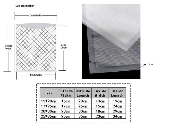 Dealonline.nz textured vacuum seal food storage bags in XS-L size, pre-cut saver bags for fresh food preservation.