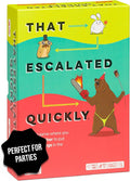 Bright yellow, teal, and red box featuring a bunny, a pug in a top hat, and a bear with a flaming chainsaw.
