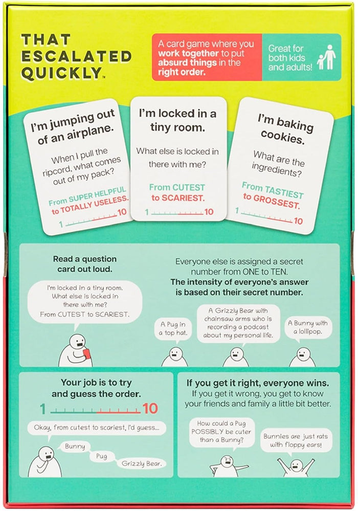 Back of lime green and teal card game box showing prompt cards and character illustrations with instructions.
