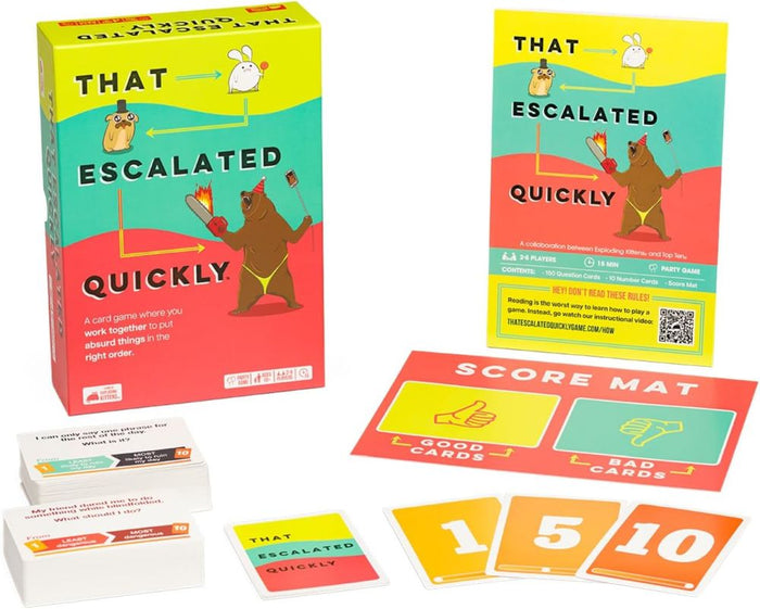 Brightly colored party game box and components with quirky animal art, including question cards and a red score mat.