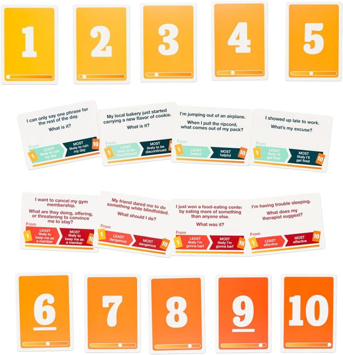 Orange cards numbered 1 to 10 and white cards with situational text prompts and colorful 1 to 10 scales.