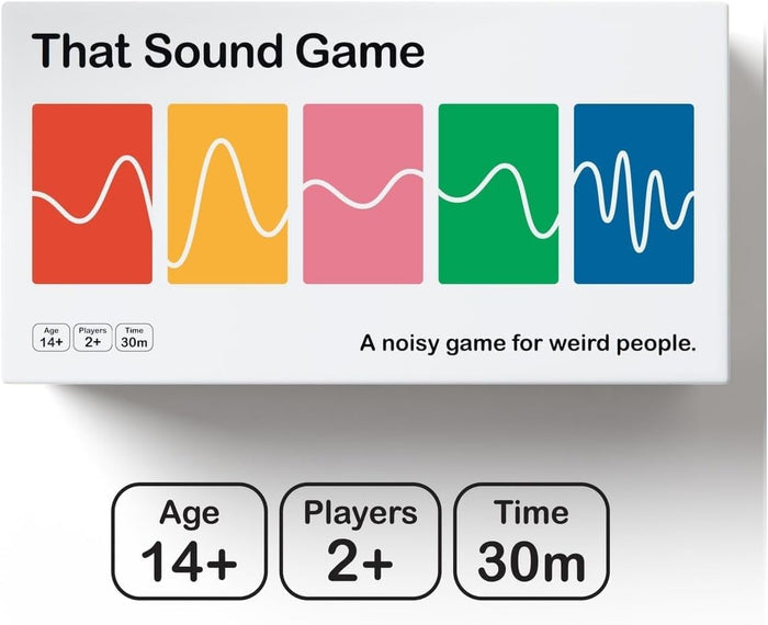 White game box featuring five colorful sound wave squares and icons for age 14+, 2+ players, and 30 minute playtime.