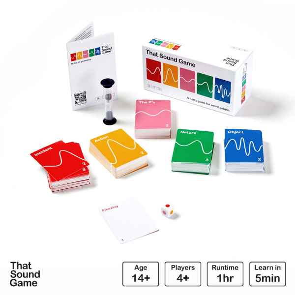 That Sound Game box with red, yellow, pink, green, and blue card decks, a sand timer, and a white die.