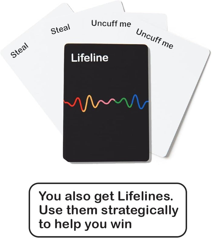 Black Lifeline card with a colorful wave graphic in front of white Steal and Uncuff me game cards.