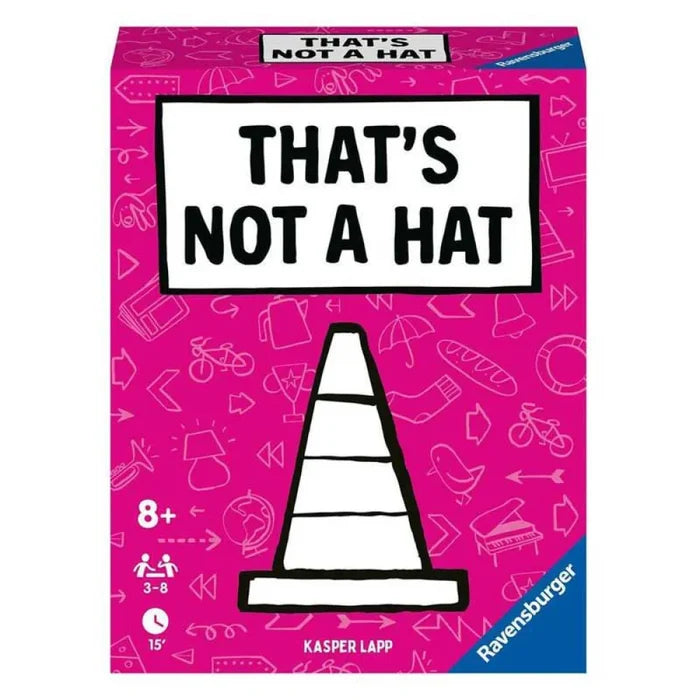 Bright pink game box featuring a white traffic cone and small line drawings of objects like a bicycle and umbrella.
