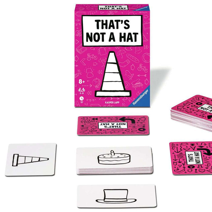 Pink box with a traffic cone illustration, plus white cards with black line drawings of a cake, top hat, and screw.