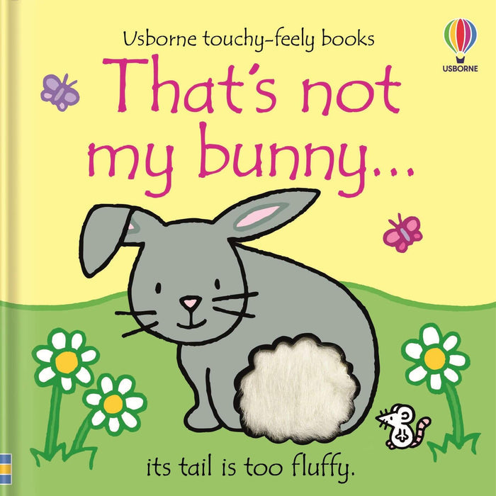 Book cover with a grey bunny, white textured tail, and pink text on a yellow and green background with flowers.