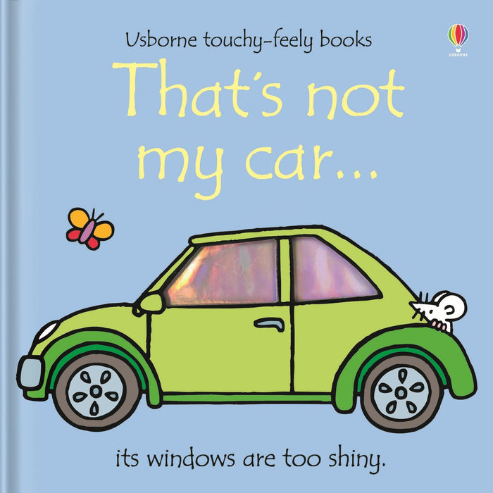 Board book cover featuring a lime green car with shiny windows and a white mouse on a light blue background.