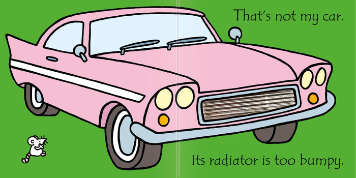 Illustration of a pink car with a bumpy textured radiator and a small white mouse on a bright green background.