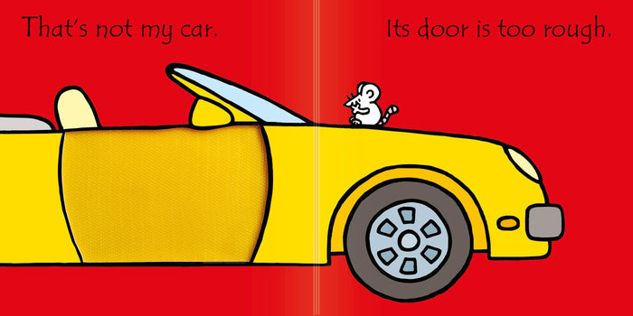 Children's book page showing a bright yellow car with a textured door and a small white mouse on a red background.