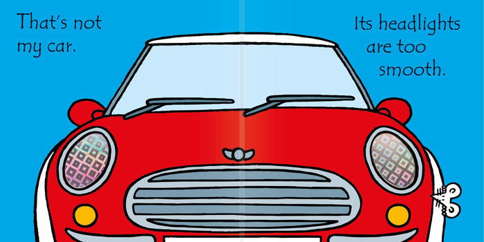 Red car with large iridescent headlights and a small white mouse on a blue background from a children's book.