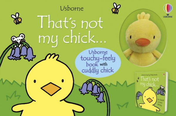 Green Usborne book cover with a yellow chick illustration and a matching soft plush chick toy in a circular photo.
