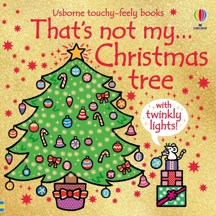 Children's book cover with a decorated green Christmas tree and white mouse on a sparkly gold background.