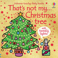 Children's book cover with a decorated green Christmas tree and white mouse on a sparkly gold background.