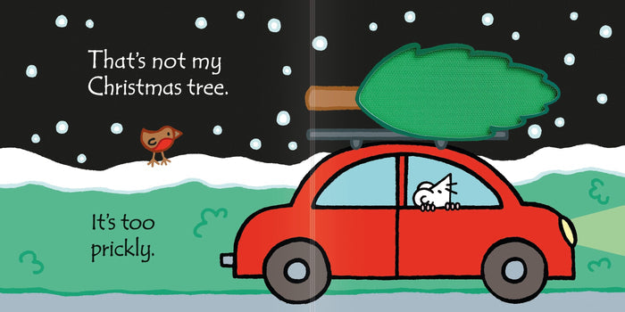 Children's book page showing a mouse driving a red car with a textured green tree on top in a snowy night scene.