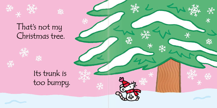 Snowy green tree with a bumpy brown trunk and a small mouse in winter gear on a pink children's book spread.
