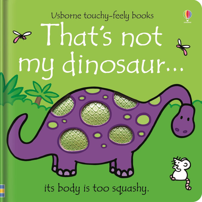 Green children's book cover featuring a purple dinosaur with green textured spots and a small white mouse.