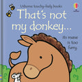 Blue book cover for That's not my donkey featuring a brown donkey with a fuzzy textured mane and a small white mouse.