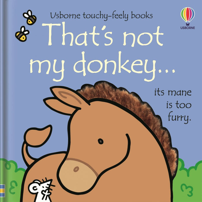 Blue book cover for That's not my donkey featuring a brown donkey with a fuzzy textured mane and a small white mouse.