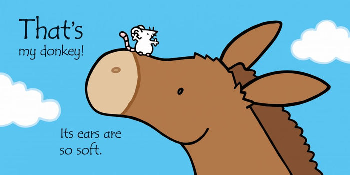 Cartoon brown donkey with a small white mouse on its nose, blue sky with clouds, and text saying the ears are soft.