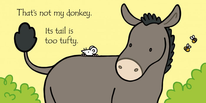 Cartoon gray donkey with a black tufted tail, small white mouse, and bees on a yellow background.