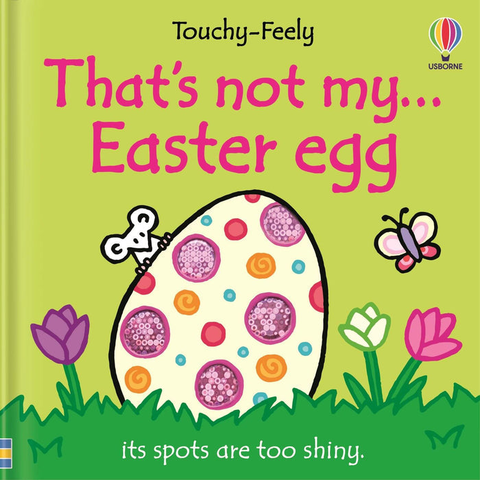 Green board book with a large Easter egg featuring shiny pink textured spots, a small mouse, and spring flowers.