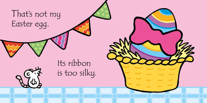 Striped Easter egg with a pink bow in a yellow basket. A cartoon mouse and festive bunting on a pink background.