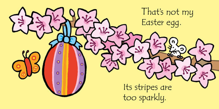 Striped Easter egg hanging from pink blossoms on a yellow background with a white mouse and orange butterfly.
