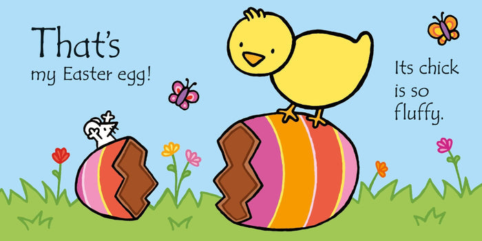 Illustration of a yellow chick on a cracked striped egg with a small white mouse, butterflies, and flowers.