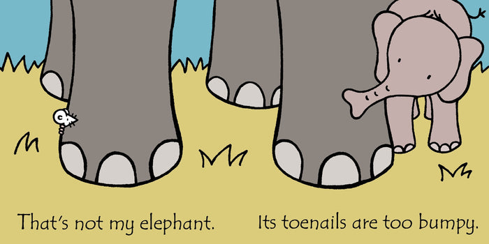 Illustration of large elephant legs with bumpy white toenails, a small white mouse, and a baby elephant.