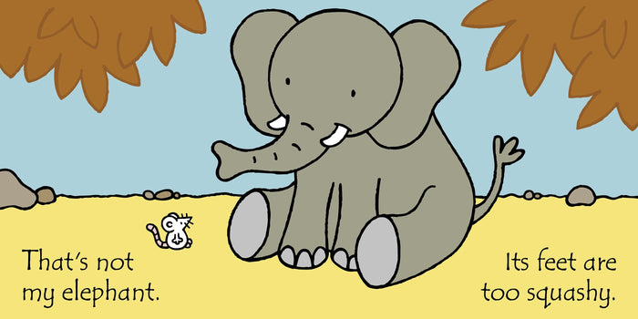 Grey cartoon elephant sitting on yellow ground next to a small mouse with text saying its feet are too squashy.