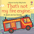 Cover of an Usborne board book showing a red fire engine with bumpy textured doors against a yellow sky.