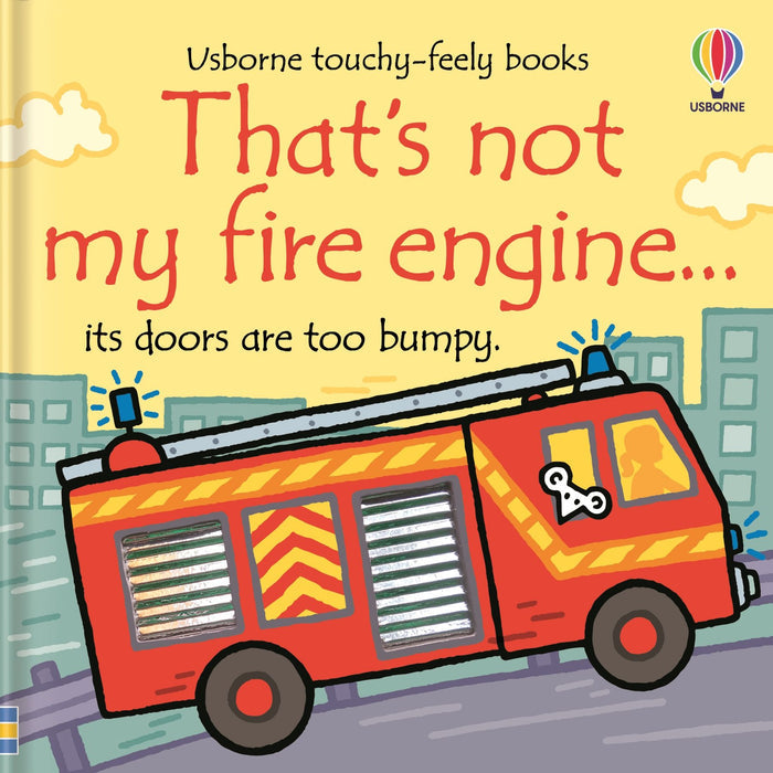 Cover of an Usborne board book showing a red fire engine with bumpy textured doors against a yellow sky.
