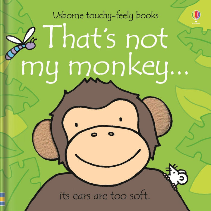 Green book cover with a smiling brown monkey, soft textured ears, a white mouse, and a purple dragonfly.