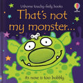 Children's book cover with a green spotted monster, textured bobbly nose, and white mouse on a purple starry background.