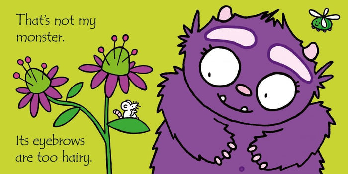 Purple furry monster with white bushy eyebrows and big eyes on a green background with a small mouse and flower.