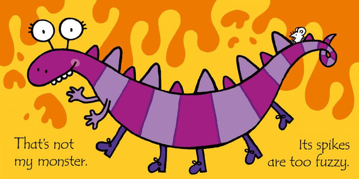 Purple striped monster with big stalk eyes and fuzzy spikes. Text: That's not my monster. Its spikes are too fuzzy.