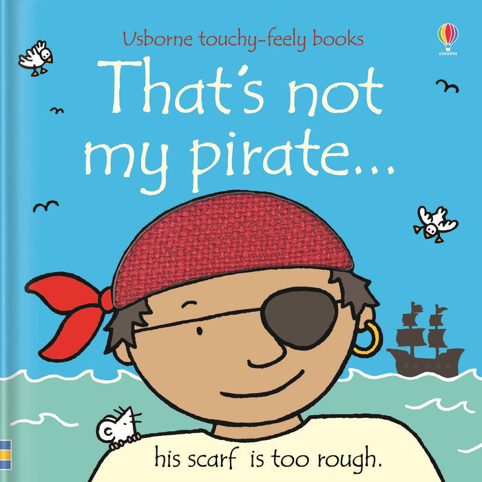Children's board book cover featuring a pirate with a textured red bandana and eye patch on a blue sea background.