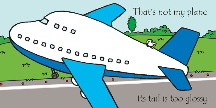 White and blue airplane on a runway with a mouse and text: That's not my plane. Its tail is too glossy.