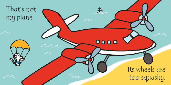 Red propeller plane flying over a beach with a parachuting mouse and text describing its squashy wheels.