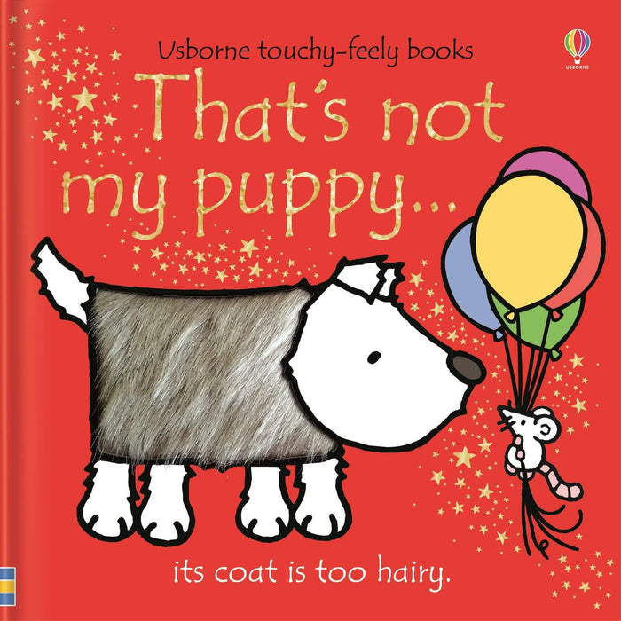 Red board book cover featuring a hairy-coated puppy, a mouse with balloons, and scattered gold stars.