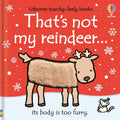 Red board book cover featuring a cartoon reindeer with a tactile furry patch, white snowflakes, and a small mouse.