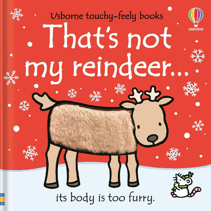 Red board book cover featuring a cartoon reindeer with a tactile furry patch, white snowflakes, and a small mouse.